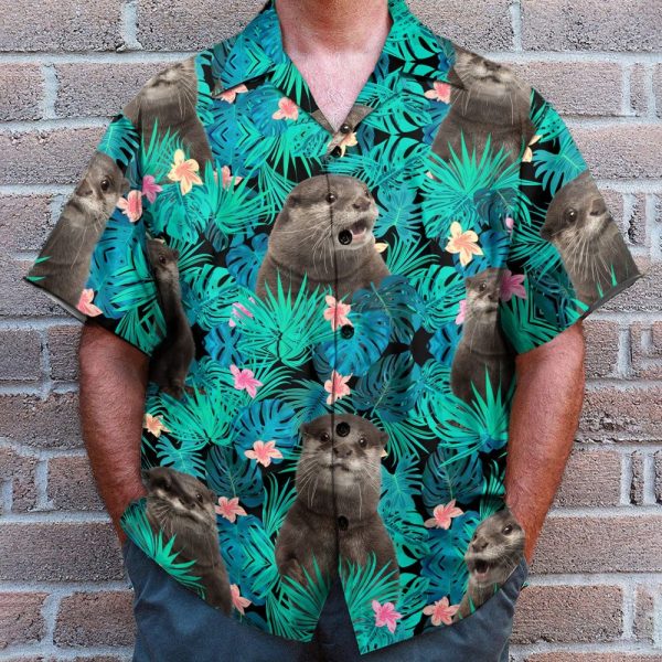 Otter In Tropical Green Leaves Hawaiian Shirt