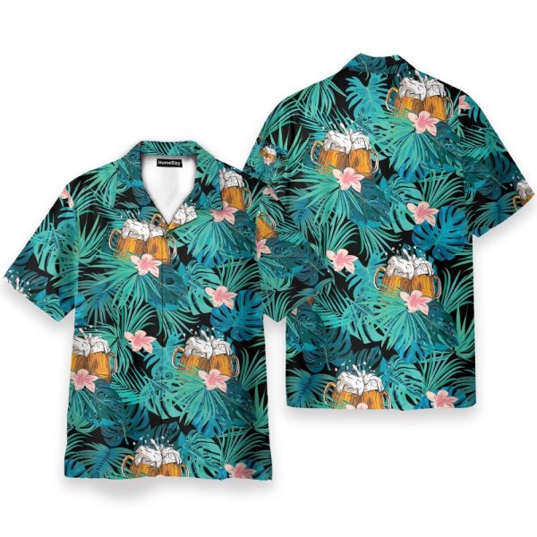 Beer In Tropical Green Leaves Hawaiian Shirt