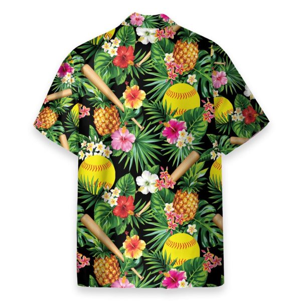 Pineapple Softball In Tropical Green Leaves Hawaiian Shirt