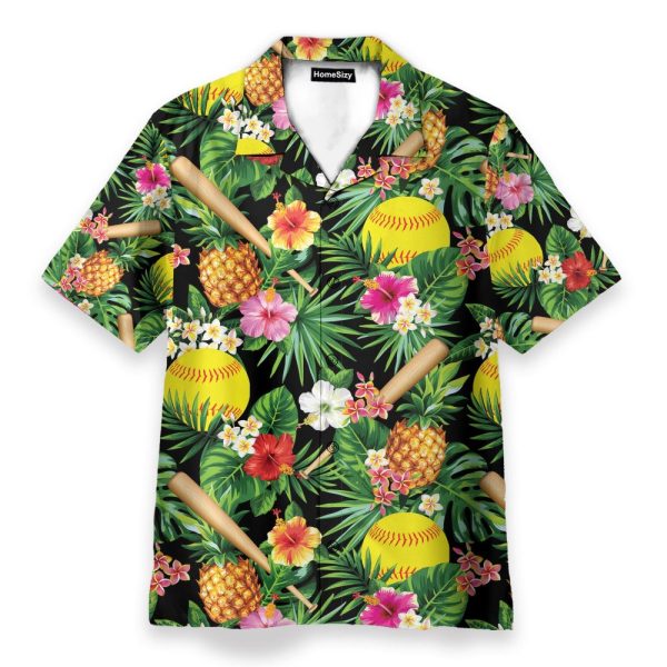 Pineapple Softball In Tropical Green Leaves Hawaiian Shirt