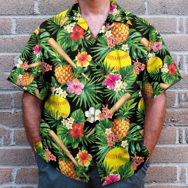Pineapple Softball In Tropical Green Leaves Hawaiian Shirt