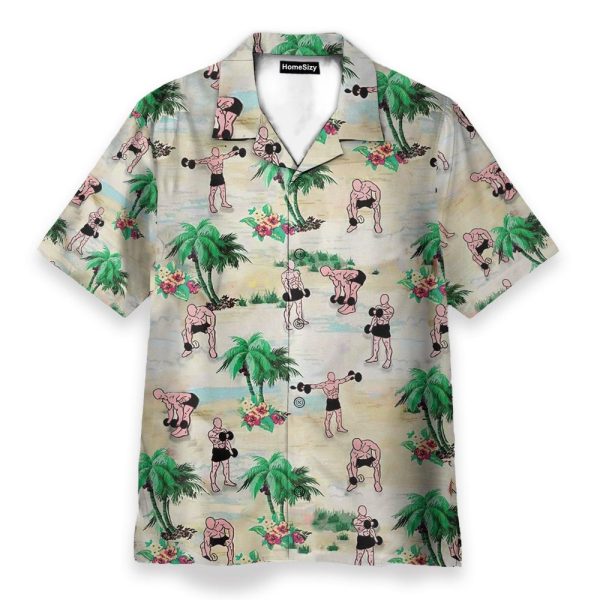 Weight Lifting Tropical Pattern Hawaiian Shirt & Beach Shorts
