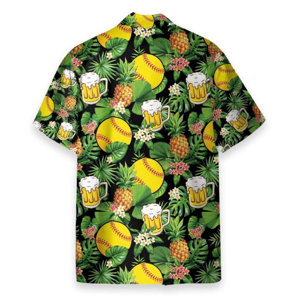 Softball And Beer In Tropical Green Leaves Hawaiian Shirt