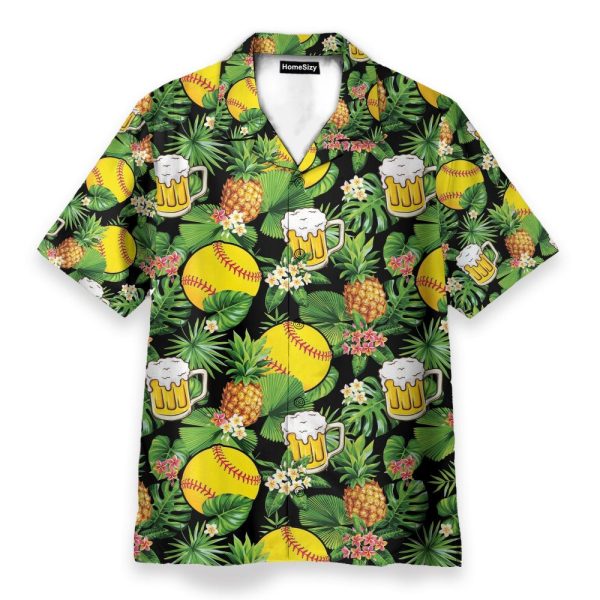 Softball And Beer In Tropical Green Leaves Hawaiian Shirt