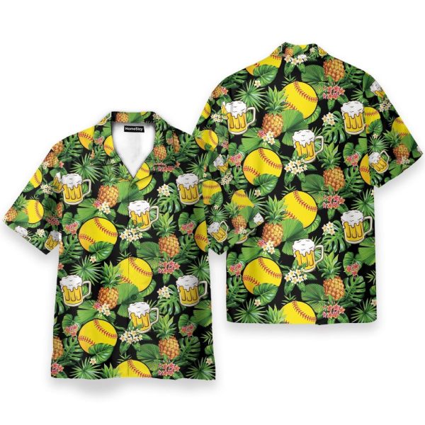 Softball And Beer In Tropical Green Leaves Hawaiian Shirt