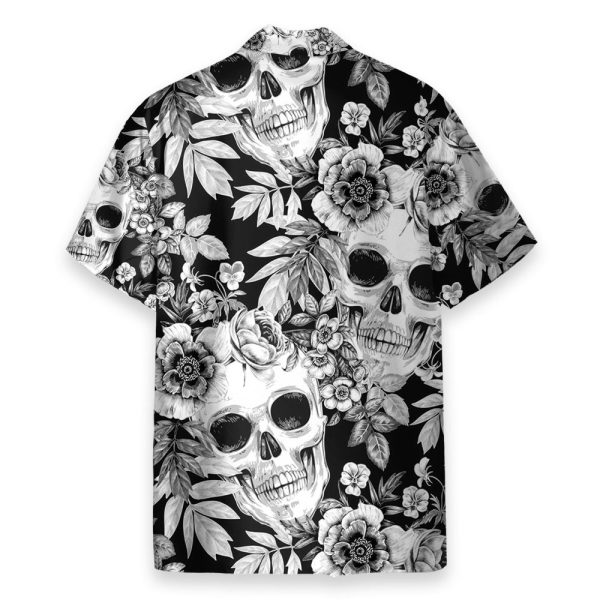 Skull And Flowers Black And White Men'S Button'S Up Shirts Hawaiian Shirt & Beach Shorts