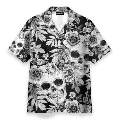 Skull And Flowers Black And White Men'S Button'S Up Shirts Hawaiian Shirt & Beach Shorts