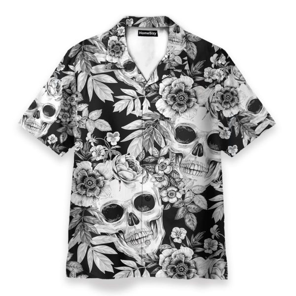 Skull And Flowers Black And White Men'S Button'S Up Shirts Hawaiian Shirt & Beach Shorts