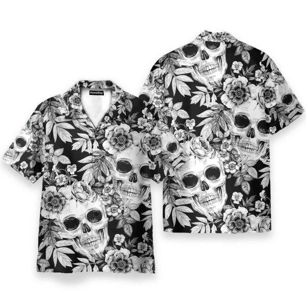 Skull And Flowers Black And White Men'S Button'S Up Shirts Hawaiian Shirt & Beach Shorts