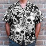 Skull And Flowers Black And White Men'S Button'S Up Shirts Hawaiian Shirt & Beach Shorts