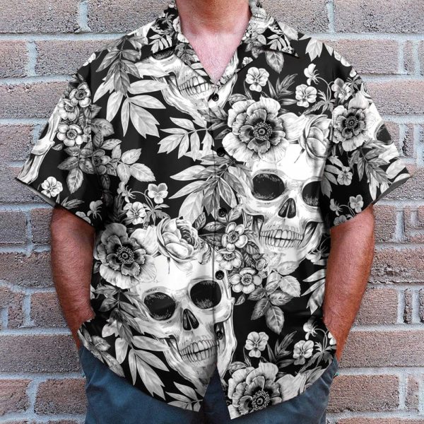 Skull And Flowers Black And White Men'S Button'S Up Shirts Hawaiian Shirt & Beach Shorts