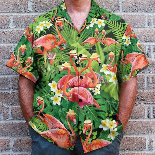 Flamingo In Tropical Green Leaves Hawaiian Shirt
