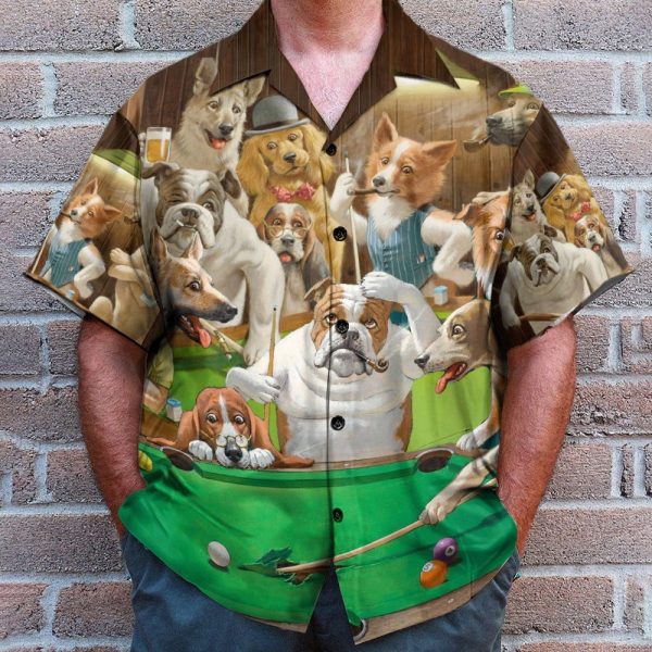 Vintage Dogs Playing Billiard Pool Hawaiian Shirt
