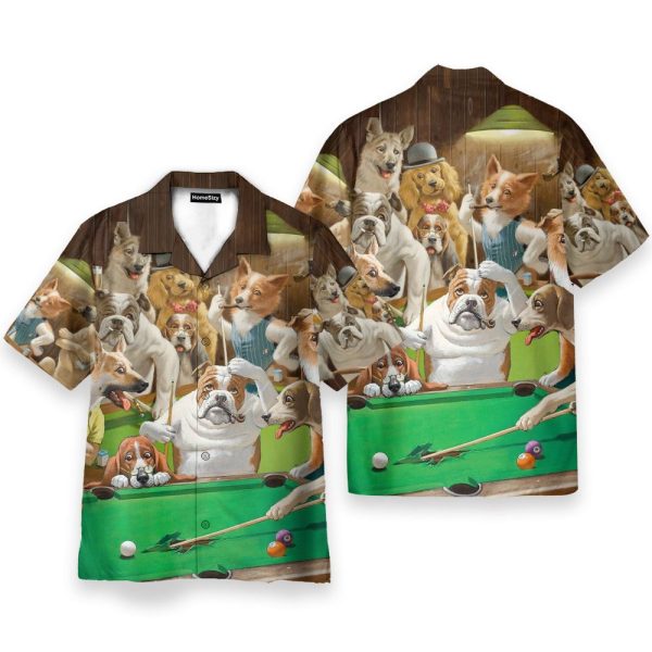 Vintage Dogs Playing Billiard Pool Hawaiian Shirt