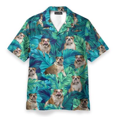 England Bulldog Tropical Leaves Pattern Hawaiian Shirt