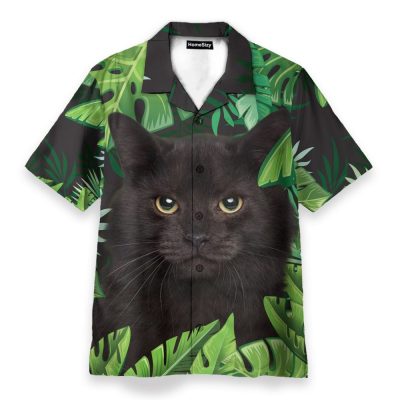 Beach Black Cat In Tropical Green Leaves Hawaiian Shirt