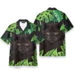 Beach Black Cat In Tropical Green Leaves Hawaiian Shirt