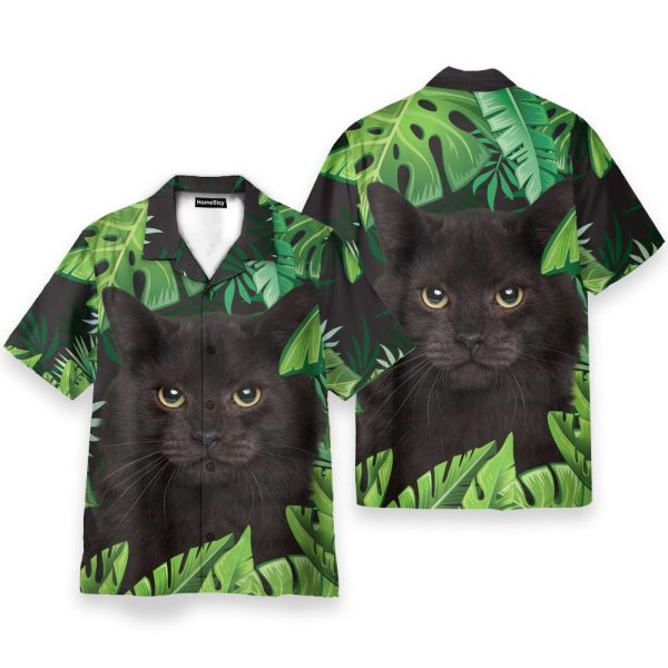 Beach Black Cat In Tropical Green Leaves Hawaiian Shirt