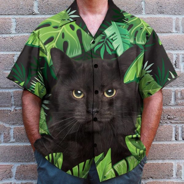 Beach Black Cat In Tropical Green Leaves Hawaiian Shirt