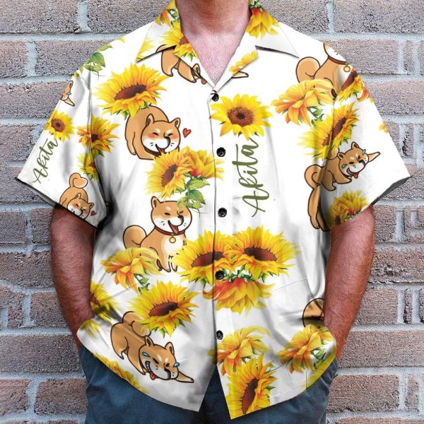 Akita Sunflower Funny Button'S Up Shirts Hawaiian Shirt