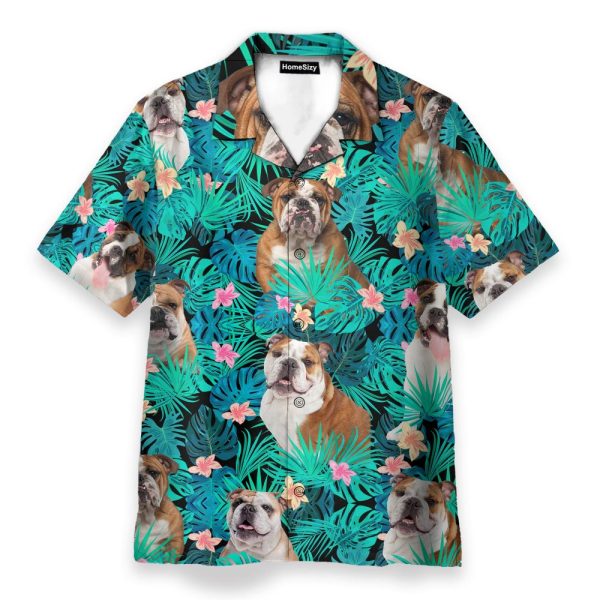 Bulldog In Tropical Green Leaves Hawaiian Shirt