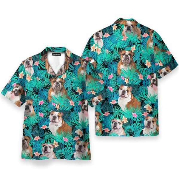 Bulldog In Tropical Green Leaves Hawaiian Shirt