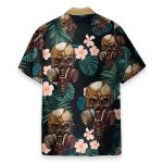 Skull Wearing Gas Mask Tropical Leaves Pattern Hawaiian Shirt