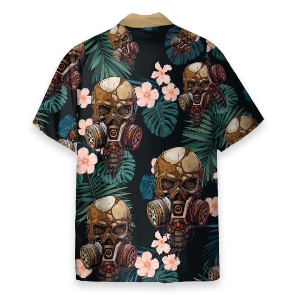 Skull Wearing Gas Mask Tropical Leaves Pattern Hawaiian Shirt