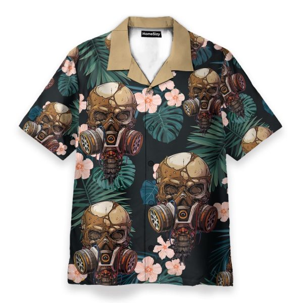 Skull Wearing Gas Mask Tropical Leaves Pattern Hawaiian Shirt