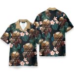 Skull Wearing Gas Mask Tropical Leaves Pattern Hawaiian Shirt