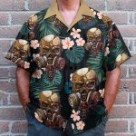 Skull Wearing Gas Mask Tropical Leaves Pattern Hawaiian Shirt