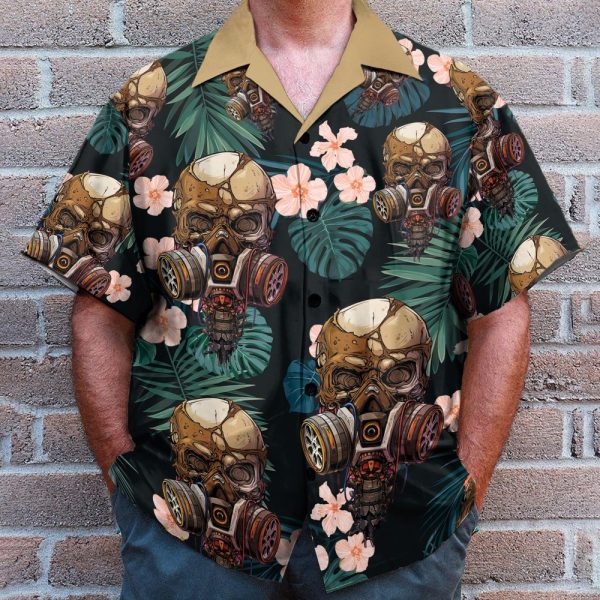 Skull Wearing Gas Mask Tropical Leaves Pattern Hawaiian Shirt