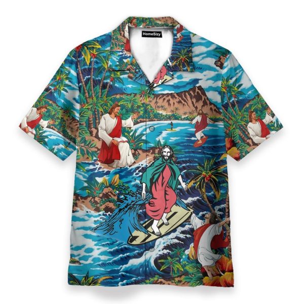 Funny Jesus Surfing On Island Hawaiian Shirt