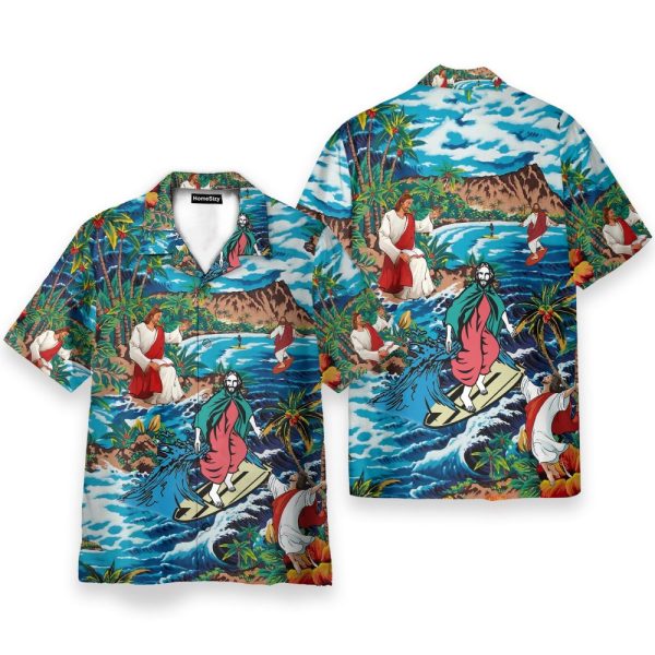 Funny Jesus Surfing On Island Hawaiian Shirt