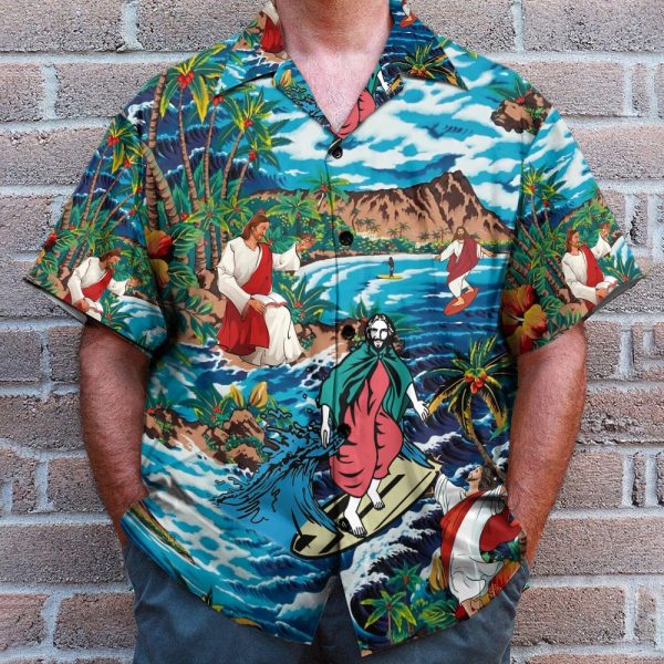 Funny Jesus Surfing On Island Hawaiian Shirt
