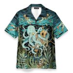 Diver Fighting With Octopus Dark Ocean Pattern Hawaiian Shirt