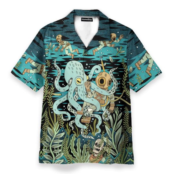 Diver Fighting With Octopus Dark Ocean Pattern Hawaiian Shirt