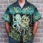 Diver Fighting With Octopus Dark Ocean Pattern Hawaiian Shirt