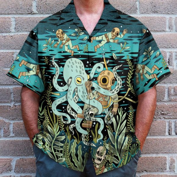 Diver Fighting With Octopus Dark Ocean Pattern Hawaiian Shirt