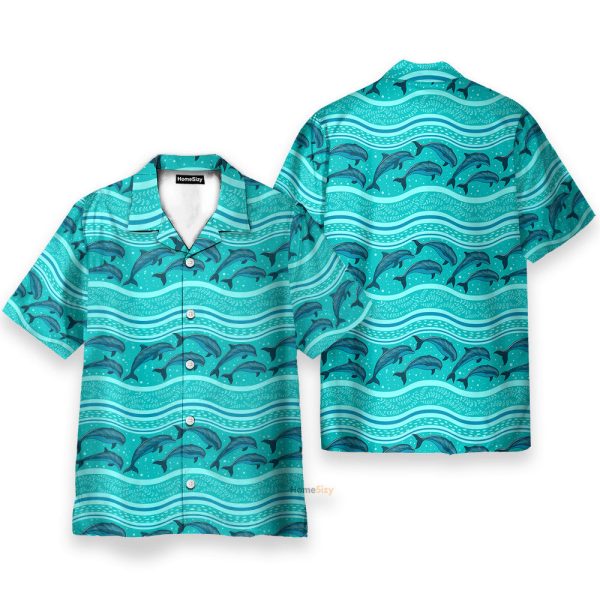 Dolphin Wave Pattern Blue Ocean Hawaiian Shirt & Beach Shorts