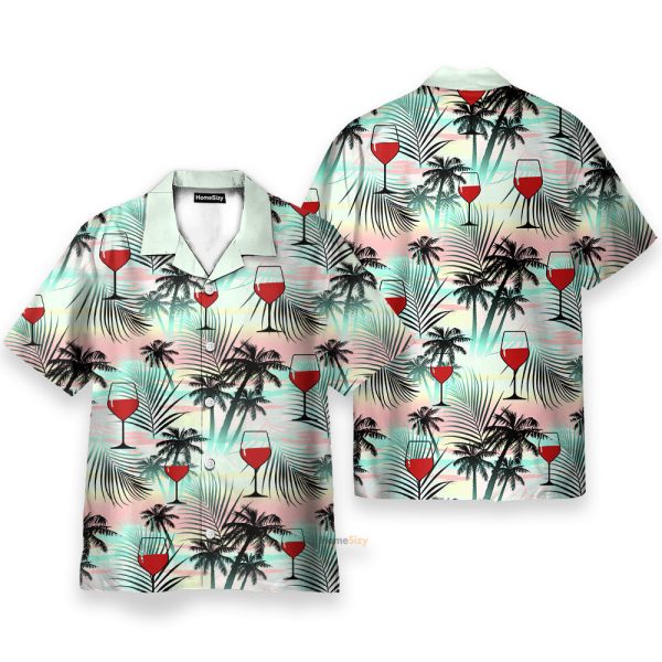 Red Wine Coconut Tree Pattern Hawaiian Shirt & Beach Shorts