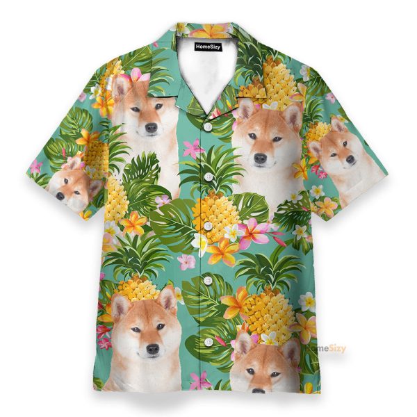 Tropical Pineapple Shiba Funny Button'S Up Shirts Hawaiian Shirt & Beach Shorts