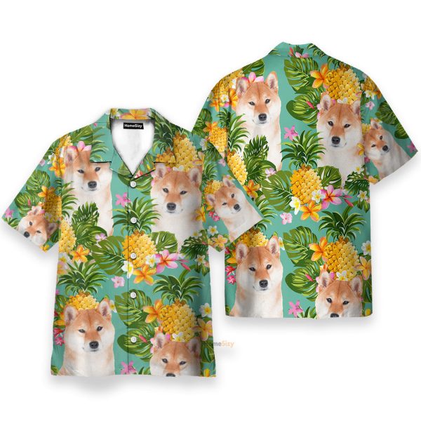 Tropical Pineapple Shiba Funny Button'S Up Shirts Hawaiian Shirt & Beach Shorts