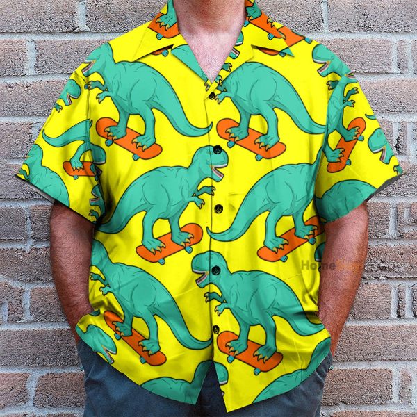 Funny Tyrannosaurus Rex On Skateboard Hawaiian Shirt & Beach Shorts