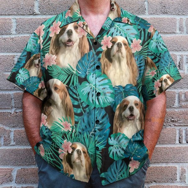 Cavalier King Charles Spaniel Dog In Tropical Green Leaves Hawaiian Shirt