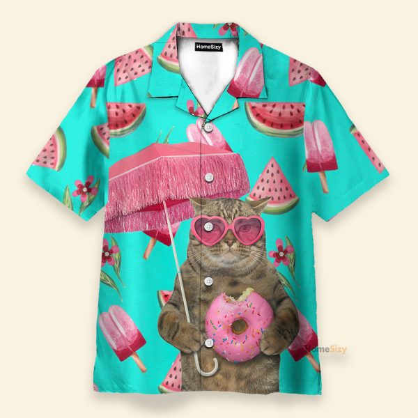 British Shorthair Cat In Sunglasses With A Pink Donut Hawaiian Shirt