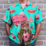 British Shorthair Cat In Sunglasses With A Pink Donut Hawaiian Shirt