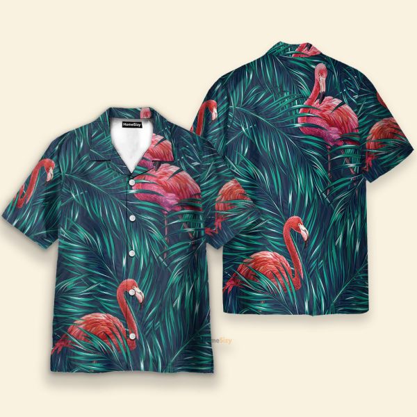 Flamingo In Tropical Green Leaves Hawaiian Shirt & Beach Shorts