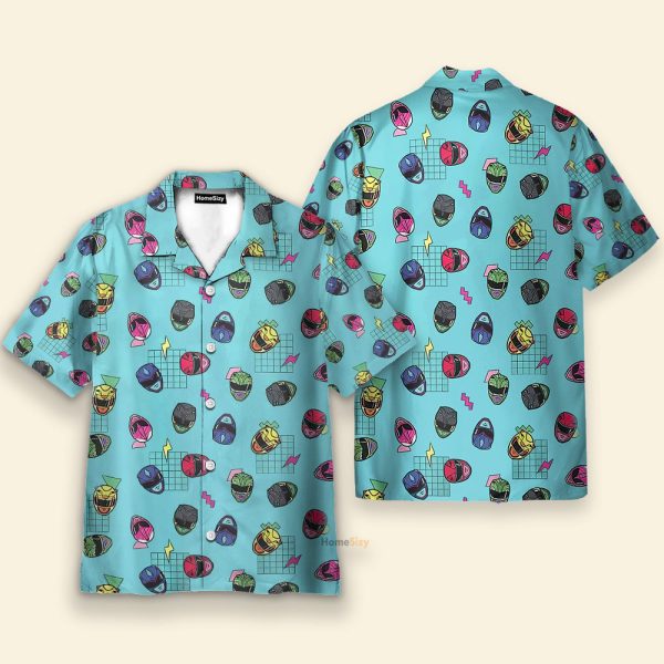 Retro Power Rangers Helmet Pattern Hawaiian Shirt & Beach Shorts