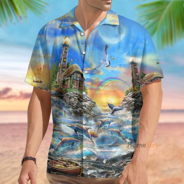 Lighthouse Beside The Sea In Sunset Hawaiian Shirt